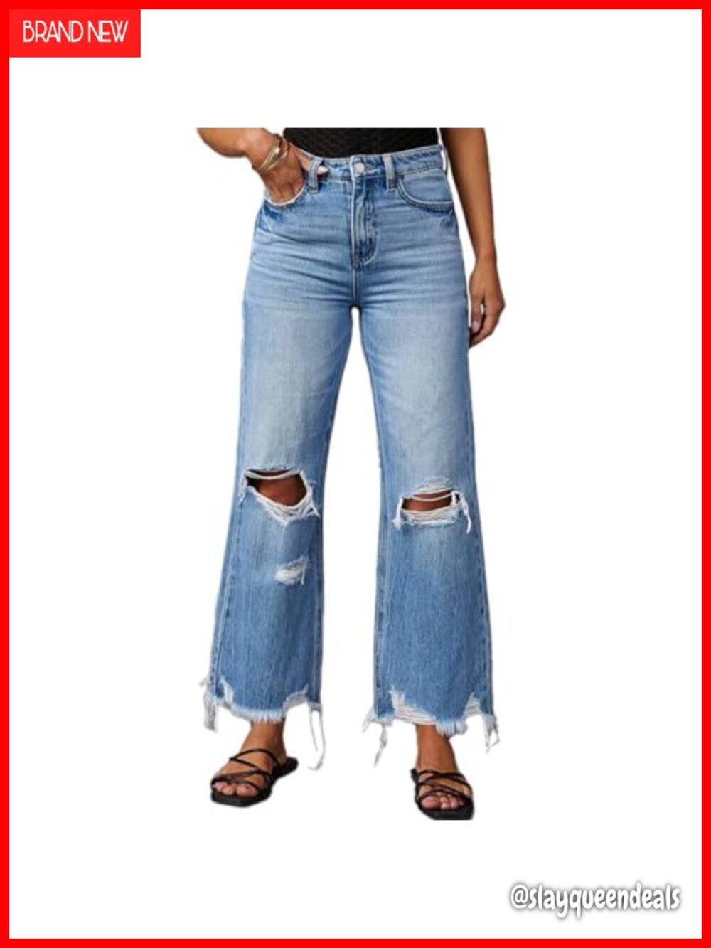 Women's Ripped Bell Bottom Jeans High-Rise Distressed Raw Edge Hem Boyfriend